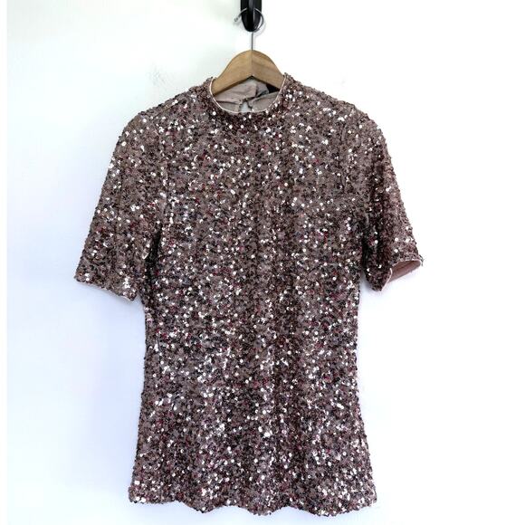 BOSTON PROPER rose gold embellished sequin mock neck holiday festive top blouse - Picture 3 of 11
